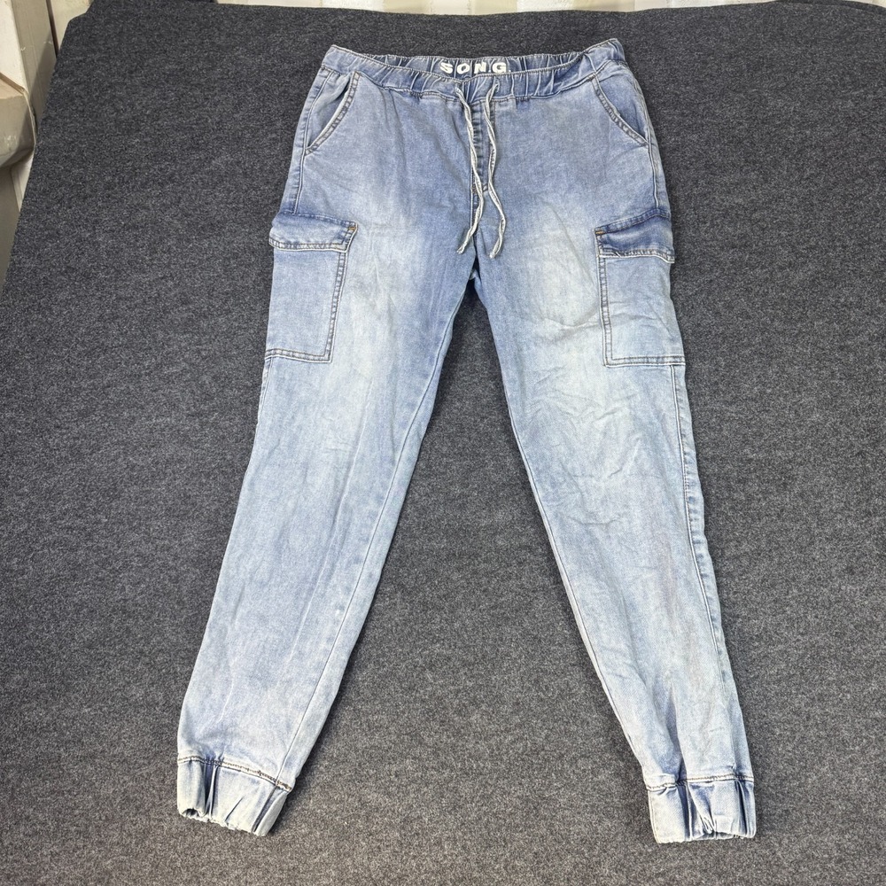 S.O.N.G. Cargo Jogger Jeans Women 9/29 Light Blue Denim Stretch Drawstring Waist